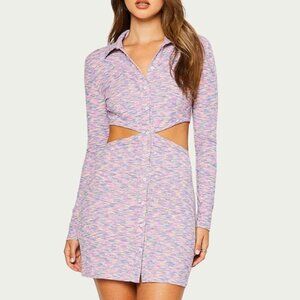 MINT VANILLA Bodycon Mini Dress Sz M Purple Space Dyed Cutout Collared Button Up